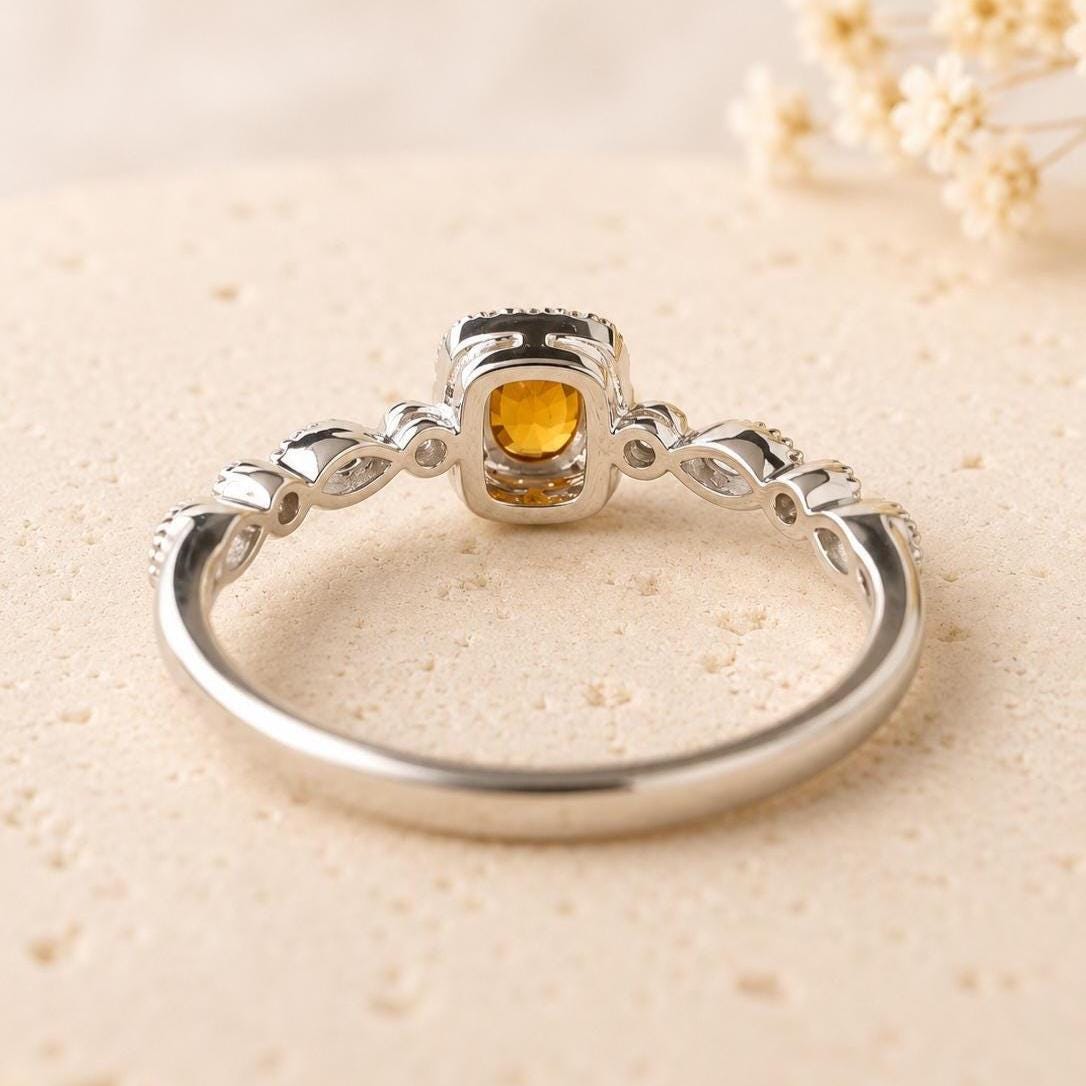 Natural Orange Sapphire Diamond Halo Ring, 18K White Gold, Genuine Oval Sapphire Vintage Twist Band, September Gift