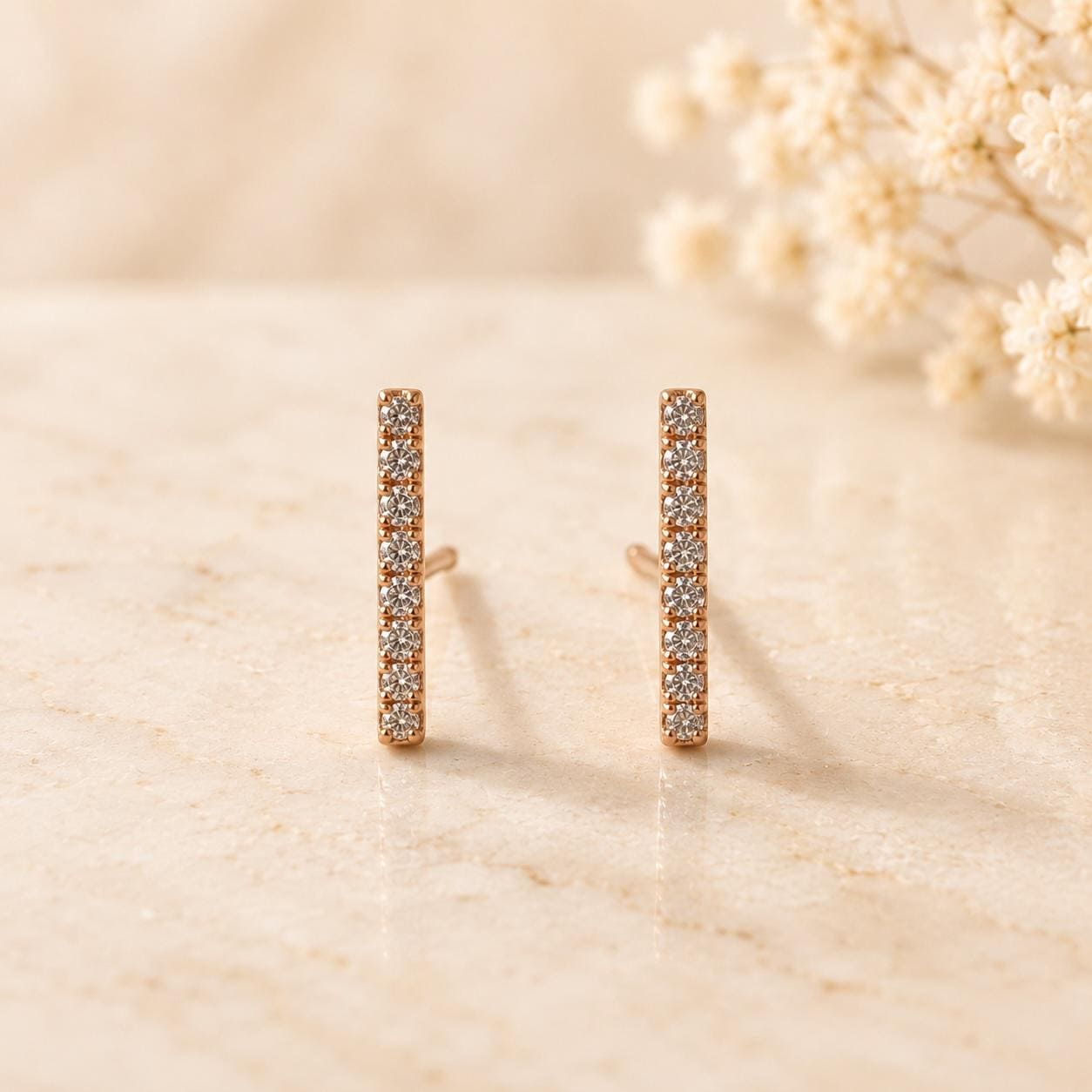 14K Solid Gold Bar Diamond Studs