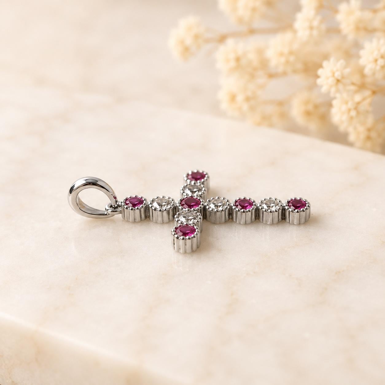 14K Solid Gold Natural Ruby Diamond Cross Necklace, Genuine Ruby Cross, July Birthstone Gift