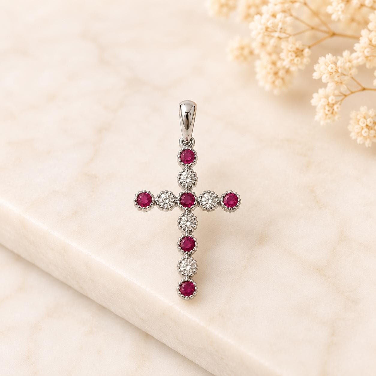 14K Solid Gold Natural Ruby Diamond Cross Necklace, Genuine Ruby Cross, July Birthstone Gift