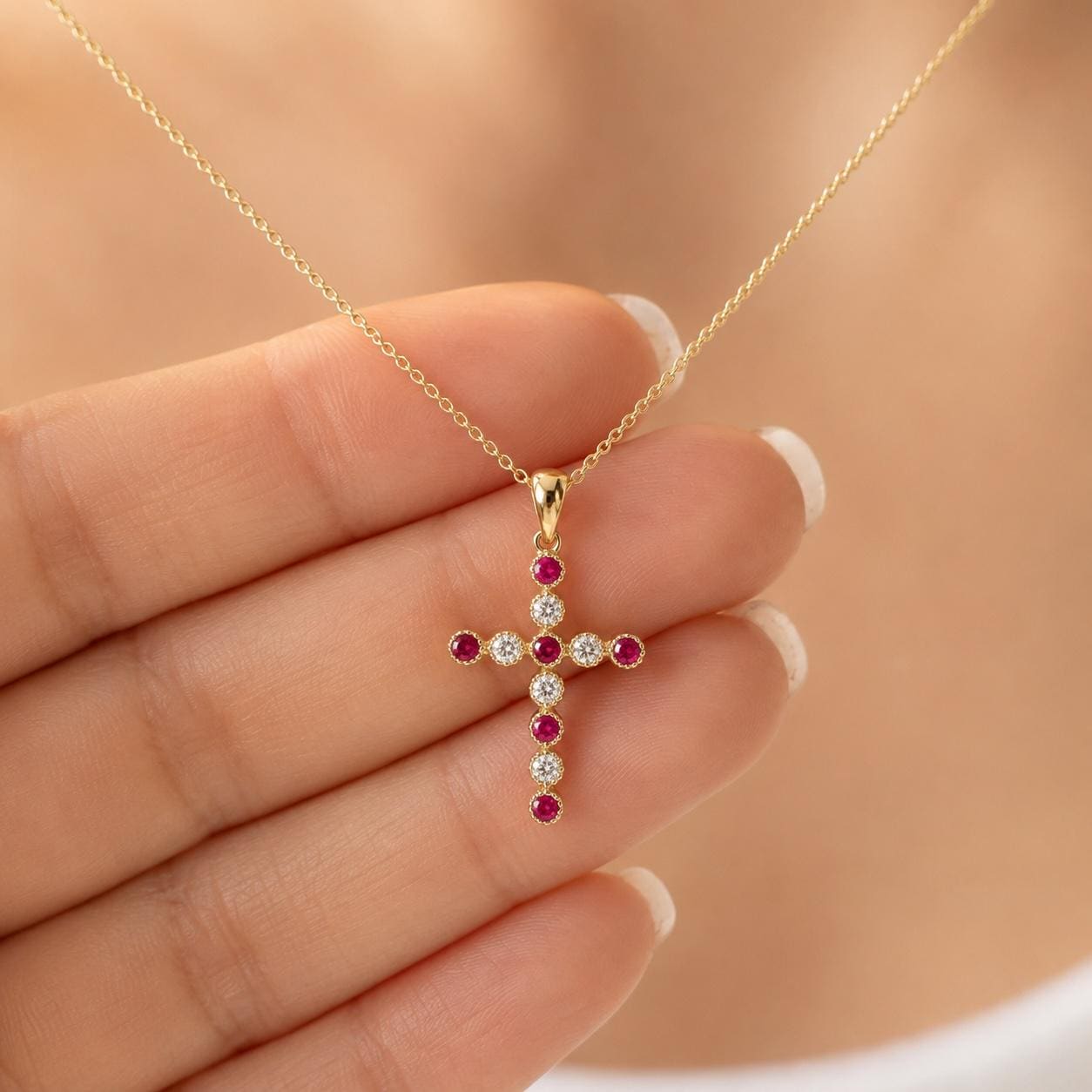 14K Solid Gold Natural Ruby Diamond Cross Necklace, Genuine Ruby Cross, July Birthstone Gift