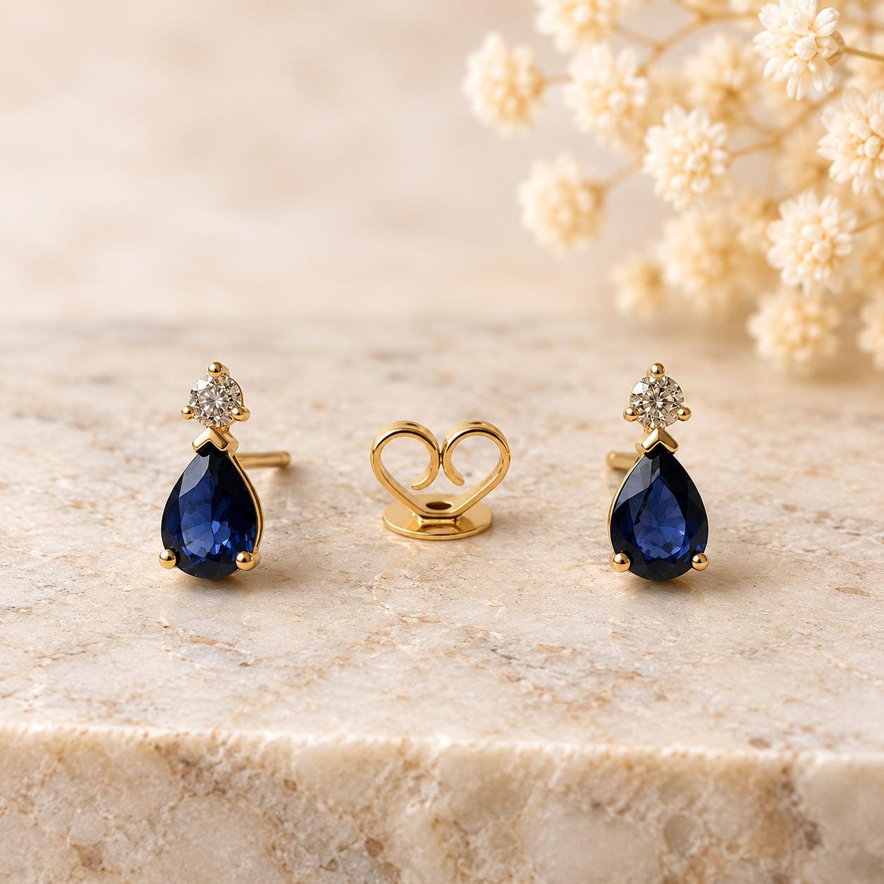 14K Solid Gold Natural Sapphire Diamond Stud Earrings, Genuine Pear Sapphire Drop Studs, September Birthstone Gift