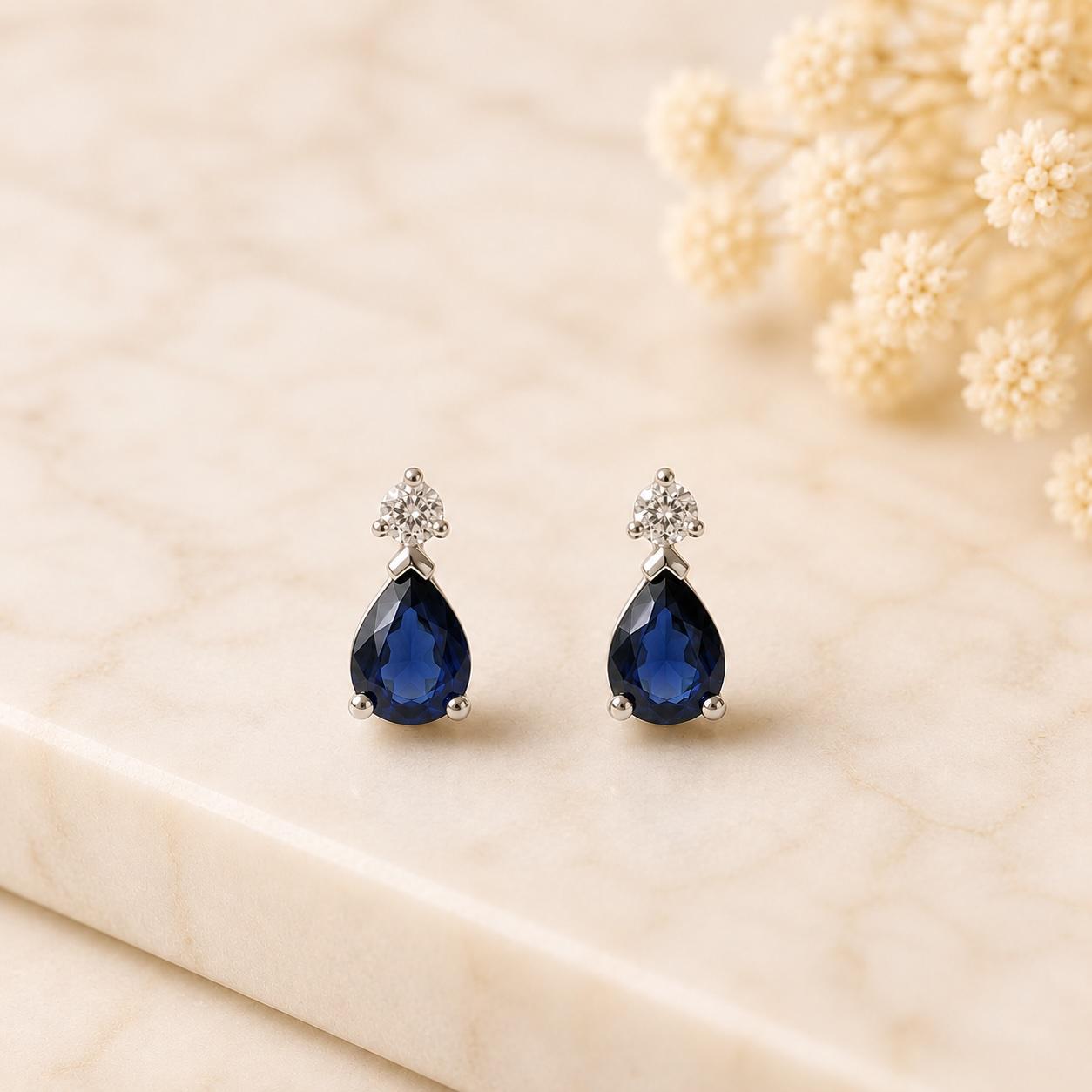 14K Solid Gold Natural Sapphire Diamond Stud Earrings, Genuine Pear Sapphire Drop Studs, September Birthstone Gift