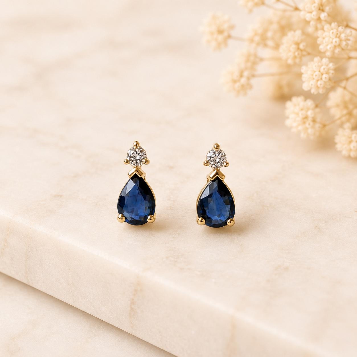 14K Solid Gold Natural Sapphire Diamond Stud Earrings, Genuine Pear Sapphire Drop Studs, September Birthstone Gift