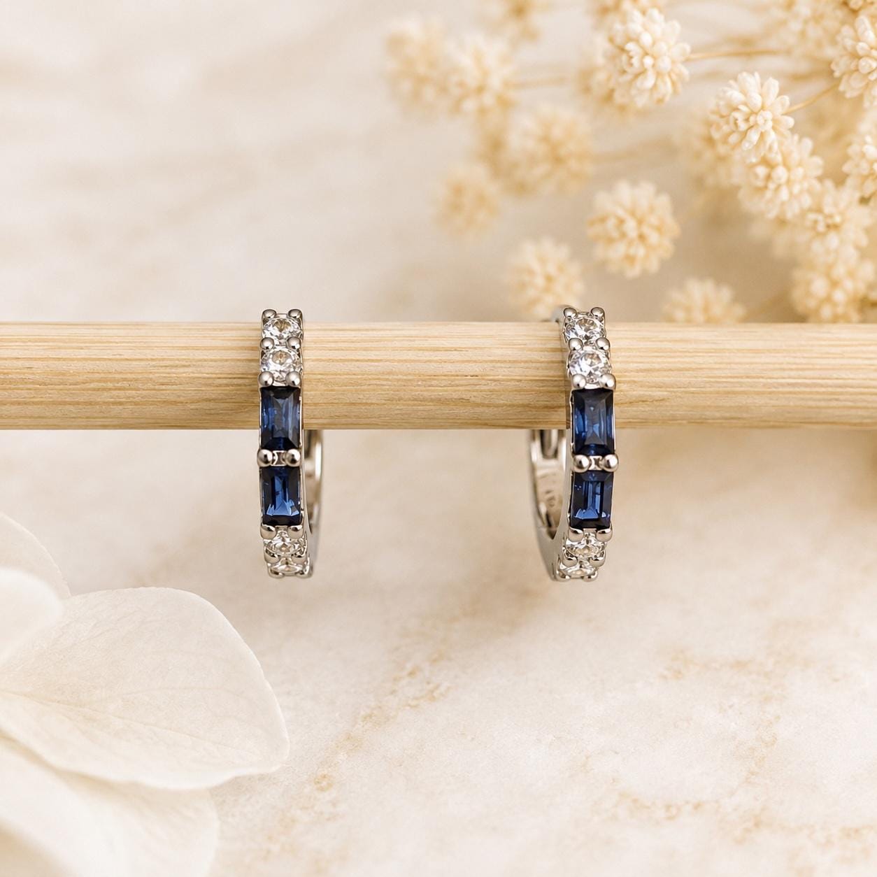 Natural Sapphire Diamond Huggie Hoop Earrings, 14K Solid Gold, Genuine Baguette Sapphire Hoops, September Birthstone Gift