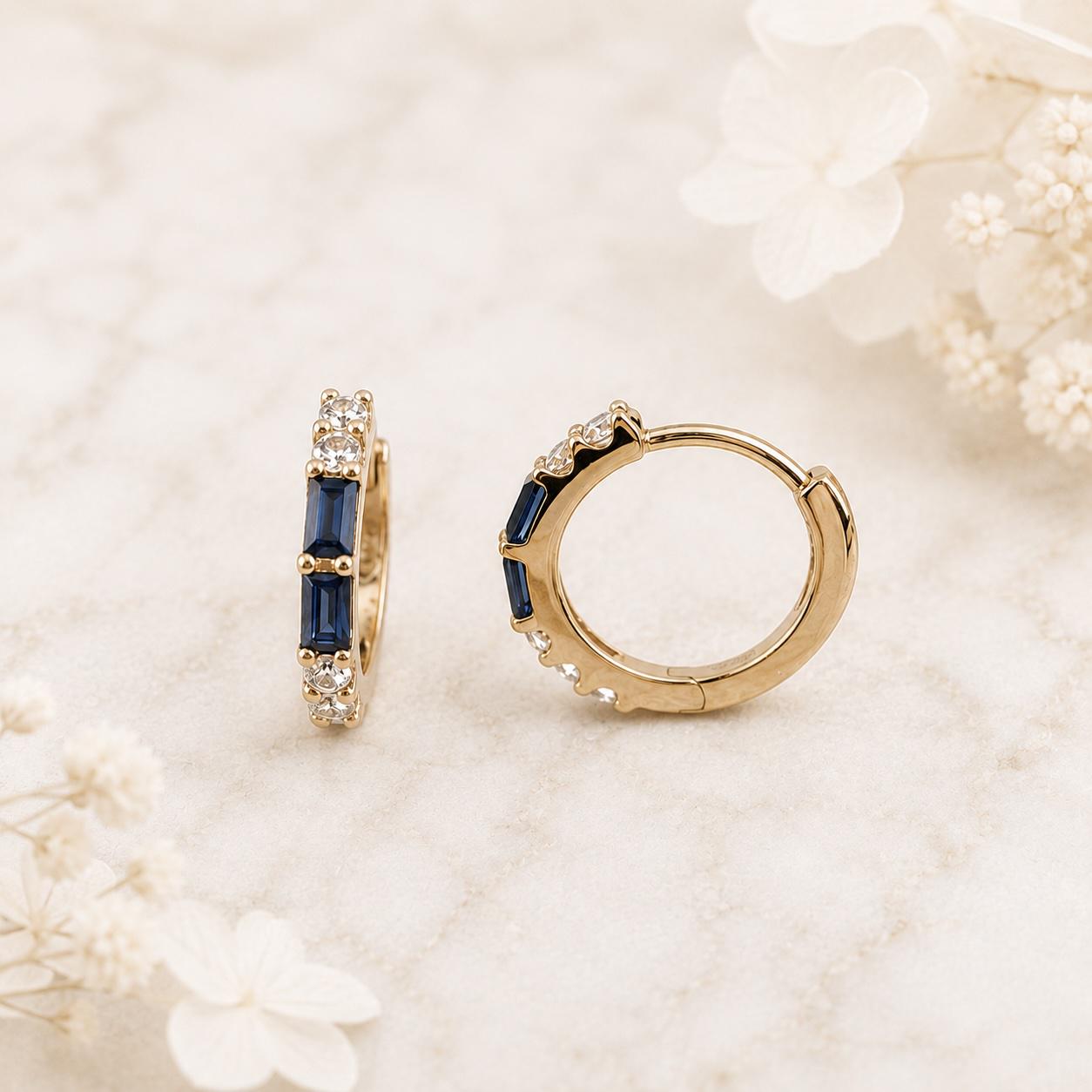 Natural Sapphire Diamond Huggie Hoop Earrings, 14K Solid Gold, Genuine Baguette Sapphire Hoops, September Birthstone Gift