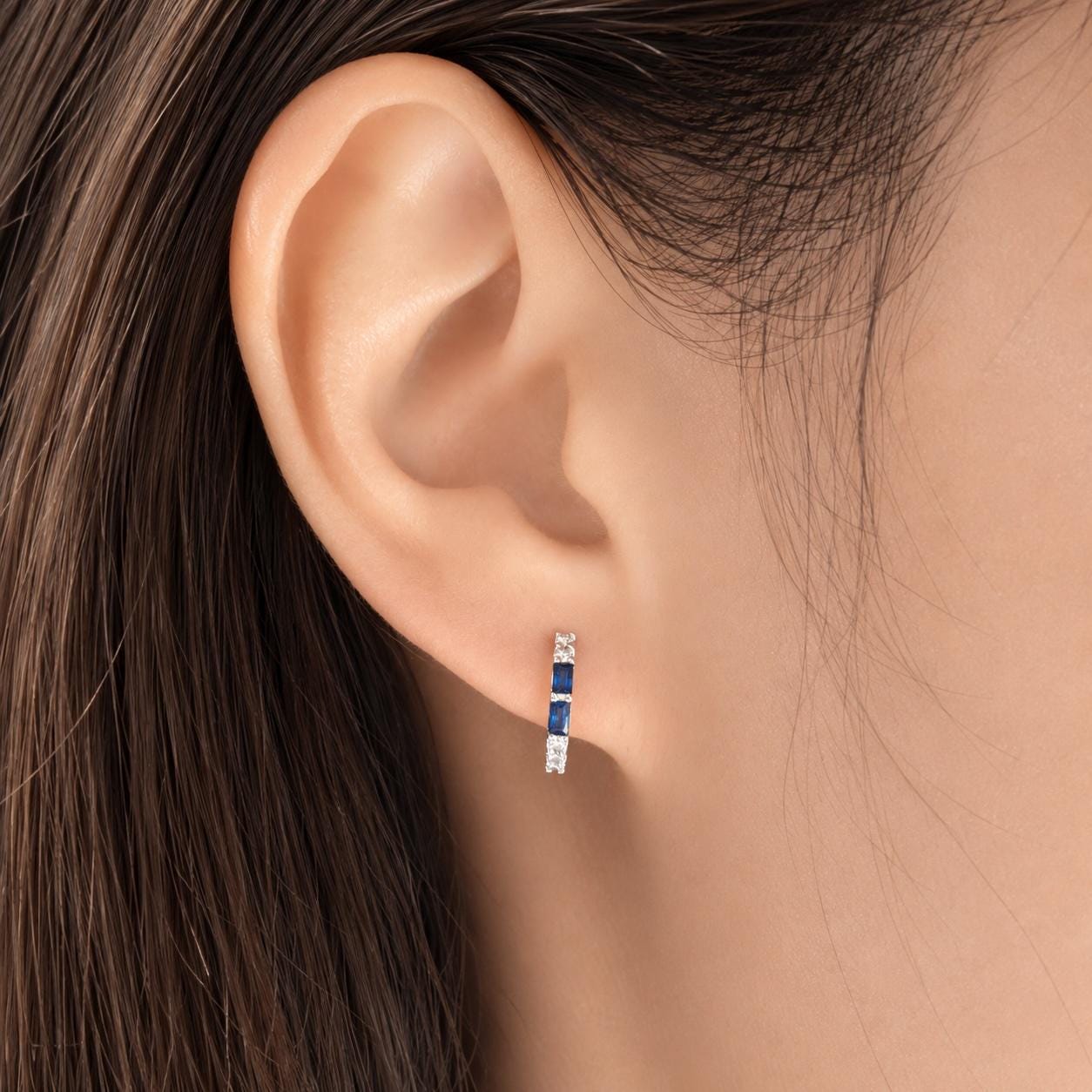 Natural Sapphire Diamond Huggie Hoop Earrings, 14K Solid Gold, Genuine Baguette Sapphire Hoops, September Birthstone Gift