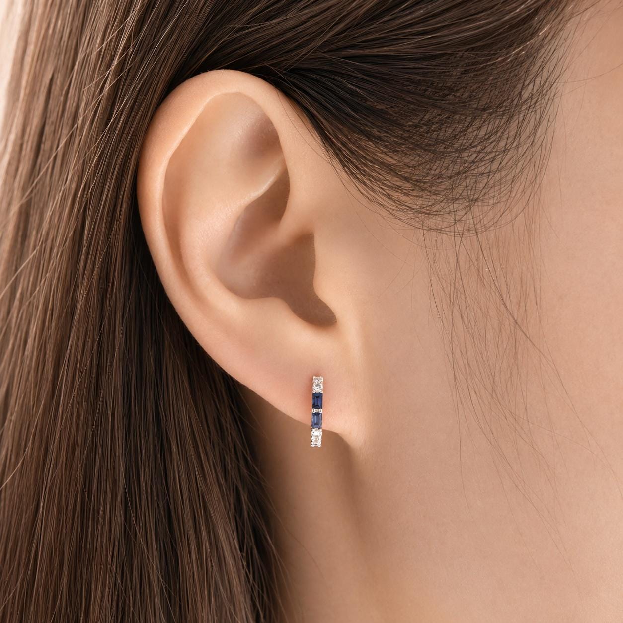 Natural Sapphire Diamond Huggie Hoop Earrings, 14K Solid Gold, Genuine Baguette Sapphire Hoops, September Birthstone Gift