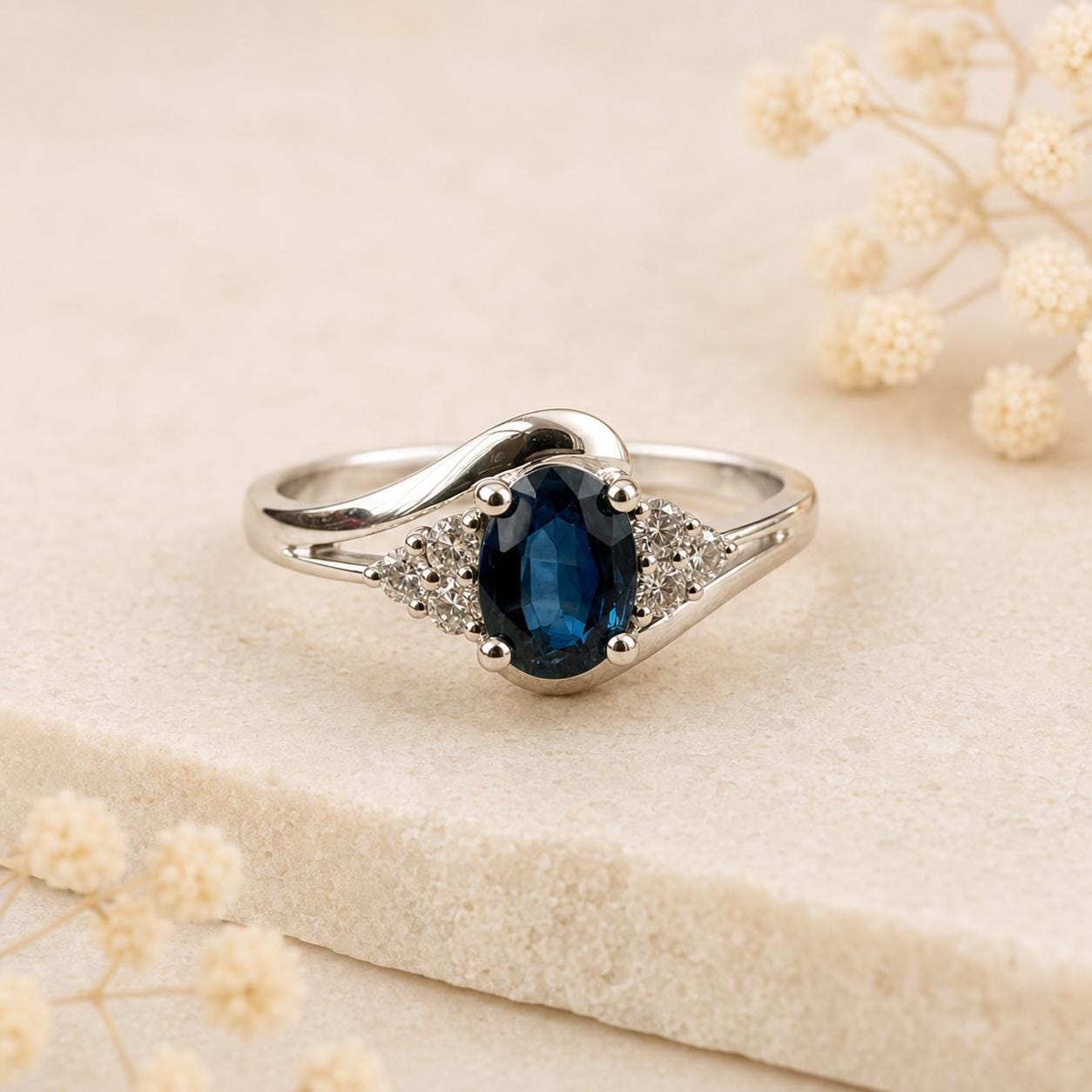 14K Solid Gold Genuine Diamond and Oval Sapphire Ring