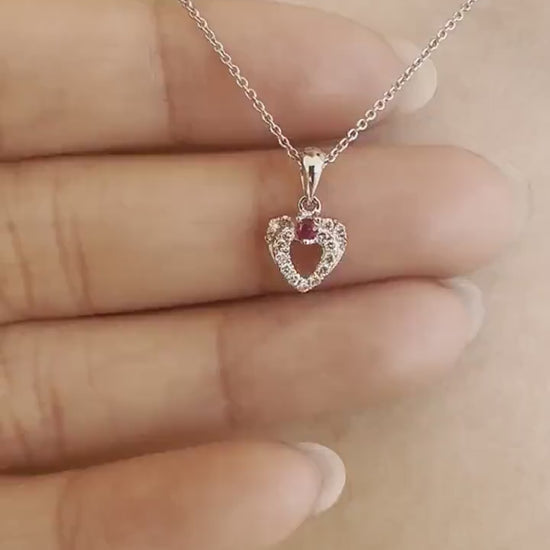 Ruby Diamond Heart Pendant, 18K White Gold Genuine Ruby Necklace Charm, Diamond Halo Heart, July Birthstone Gift for Her
