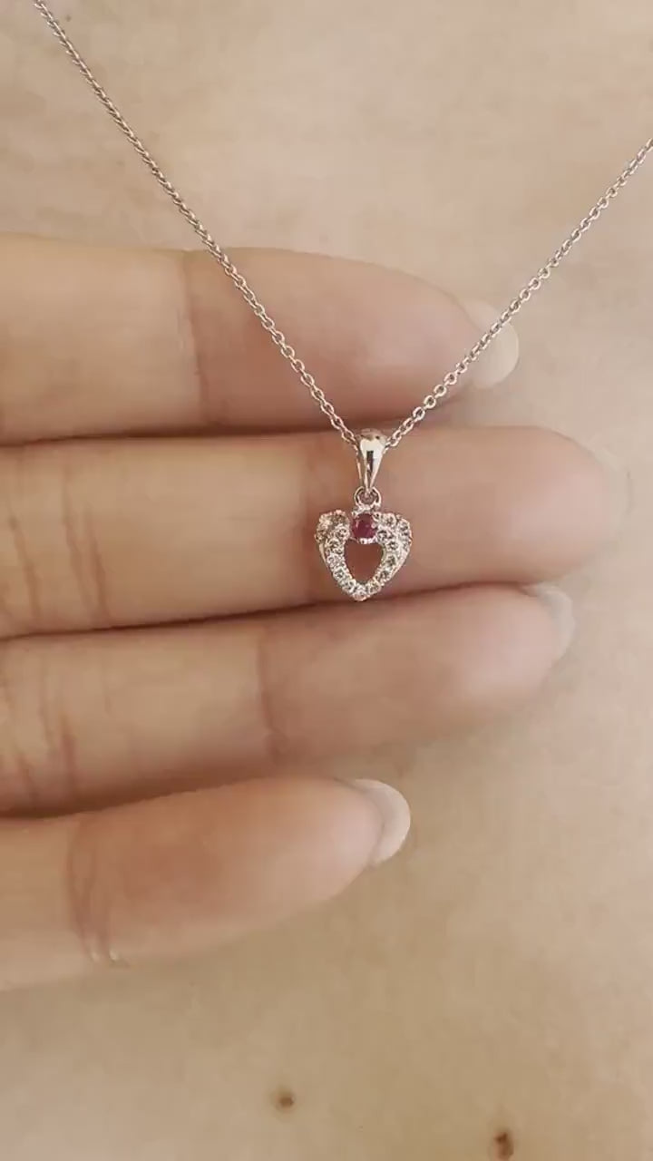 Ruby Diamond Heart Pendant, 18K White Gold Genuine Ruby Necklace Charm, Diamond Halo Heart, July Birthstone Gift for Her