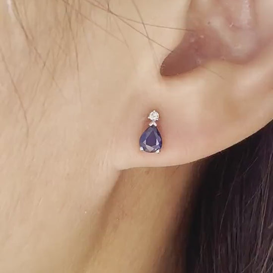14K Solid White Gold Teardrop Sapphire and Diamond Studs