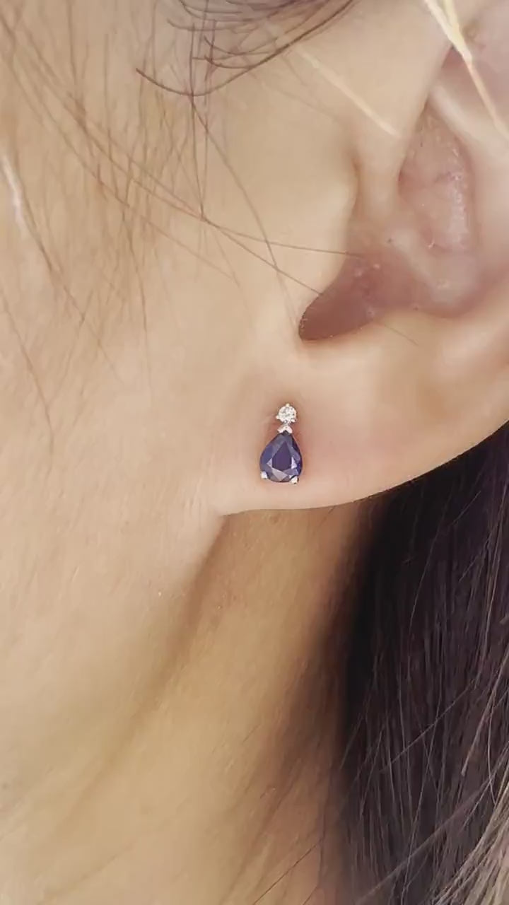 14K Solid White Gold Teardrop Sapphire and Diamond Studs