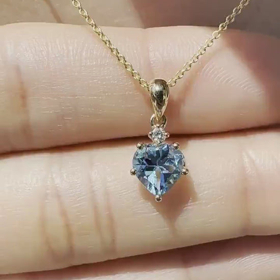 14K Solid Gold Heart Shaped Genuine Blue Topaz and Diamond Pendant