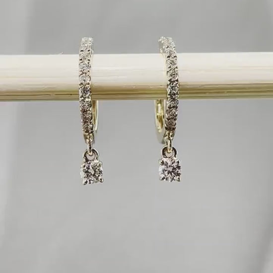14K Solid Gold Genuine Diamond Dangle Hoops, Natural Diamond Huggie Earrings, Diamond Charm Hoop Earrings, Small Real Diamond Hoops Pair