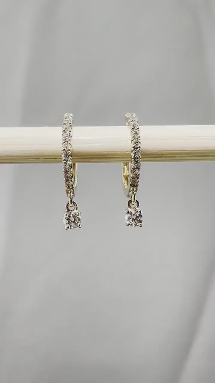 14K Solid Gold Genuine Diamond Dangle Hoops, Natural Diamond Huggie Earrings, Diamond Charm Hoop Earrings, Small Real Diamond Hoops Pair