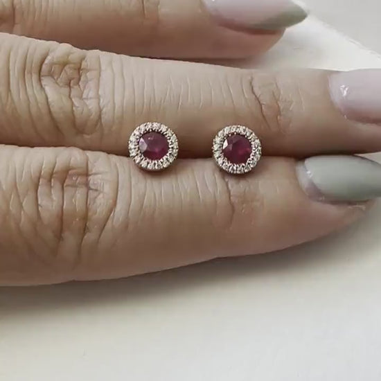 14K Solid Rose Gold Genuine Ruby and Diamond Circle Studs/Pair