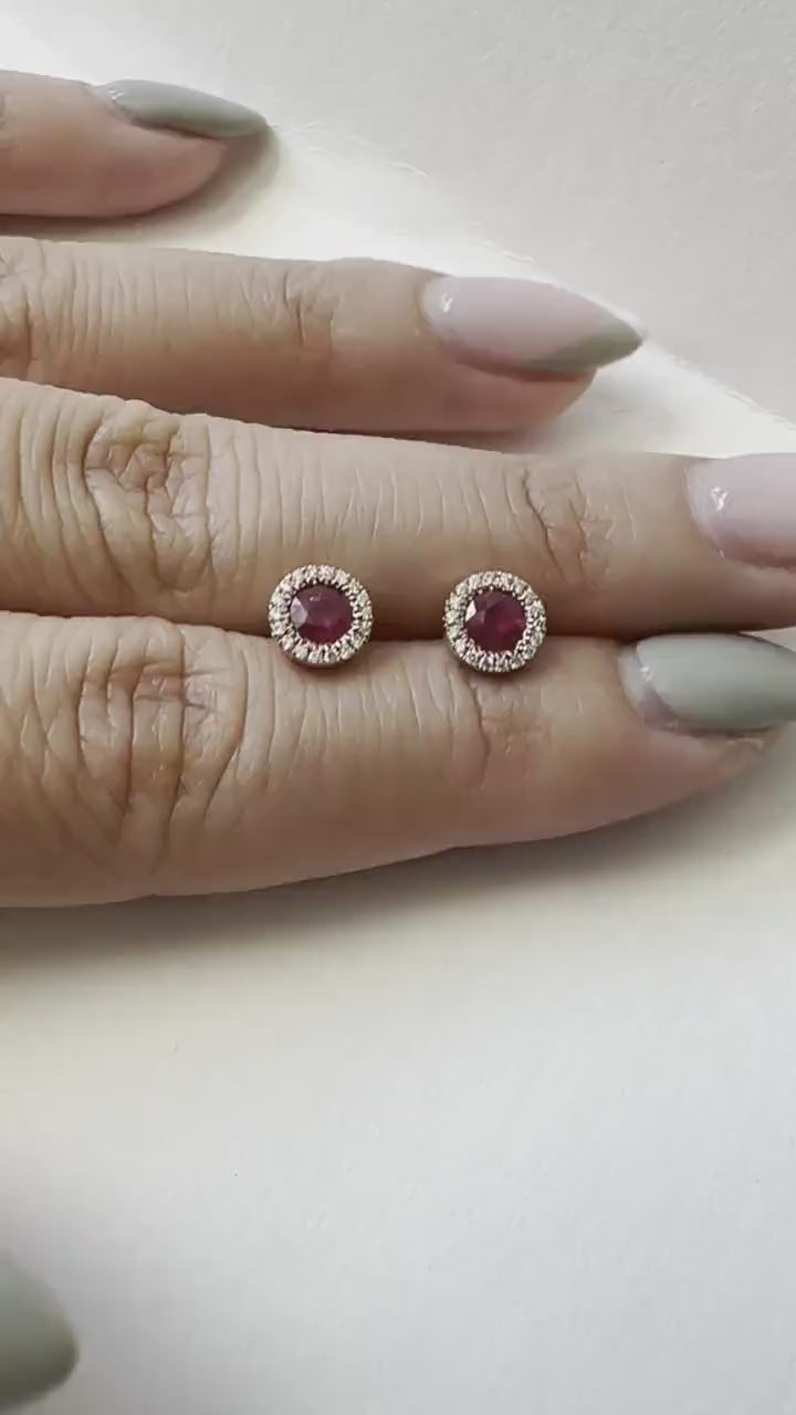 14K Solid Rose Gold Genuine Ruby and Diamond Circle Studs/Pair