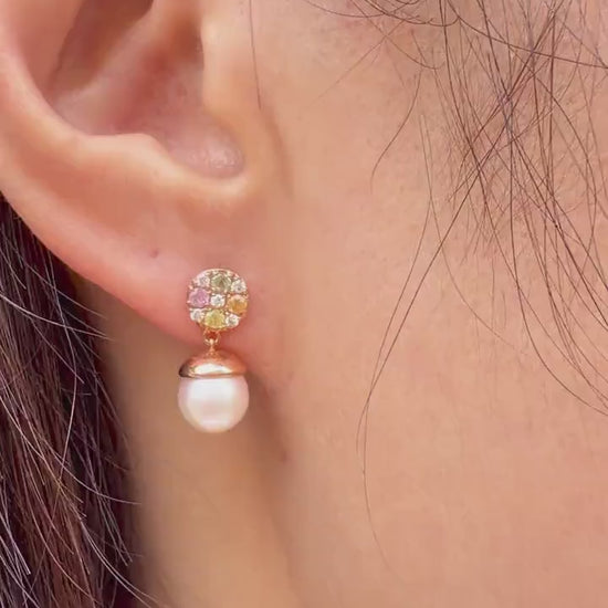 18K Rose Gold Akoya Pearl Earrings | Natural Pearl Diamond & Multi Color Sapphire Drop Earrings | Genuine Pearl Dangle Earrings
