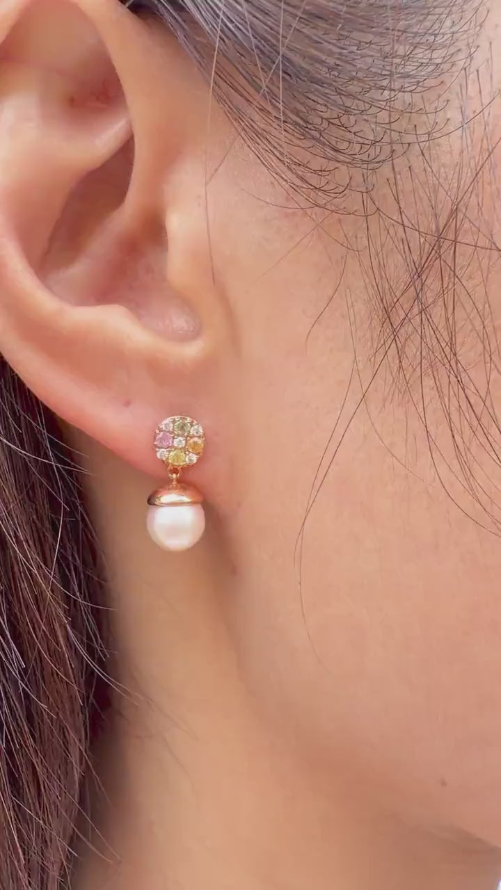 18K Rose Gold Akoya Pearl Earrings | Natural Pearl Diamond & Multi Color Sapphire Drop Earrings | Genuine Pearl Dangle Earrings