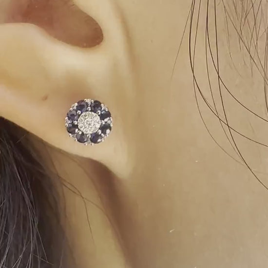 14K Solid White Gold Genuine Sapphire and Pave Diamond Flower Studs/Pair