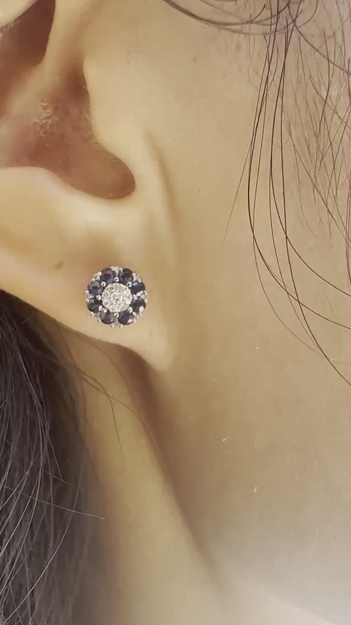 14K Solid White Gold Genuine Sapphire and Pave Diamond Flower Studs/Pair