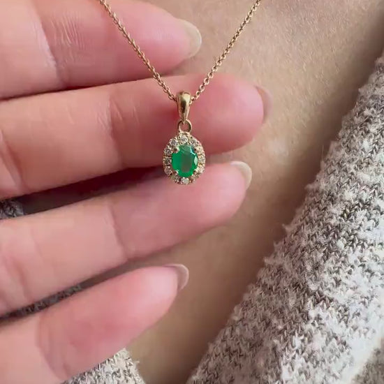 14K Solid Gold Genuine Diamond and Emerald Halo Pendant