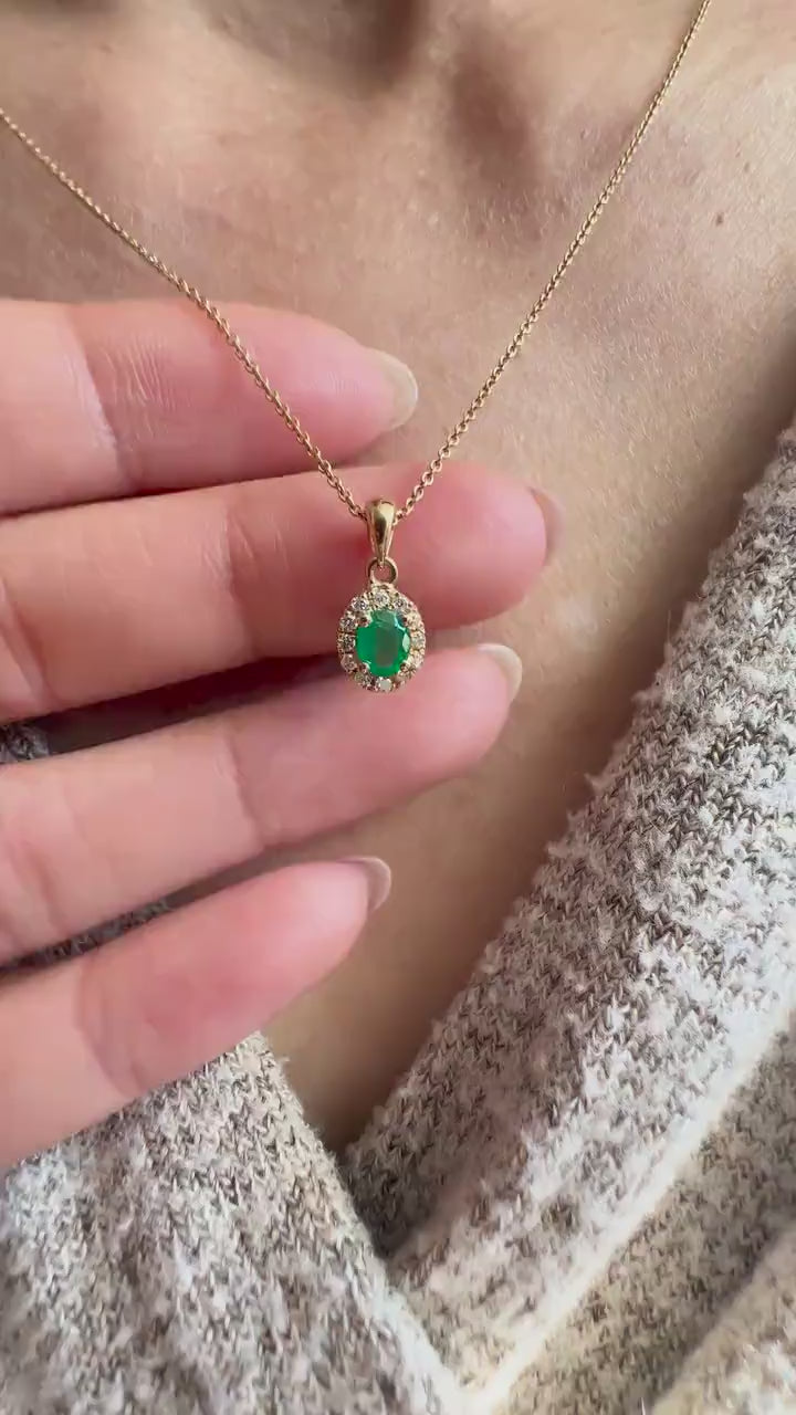 14K Solid Gold Genuine Diamond and Emerald Halo Pendant