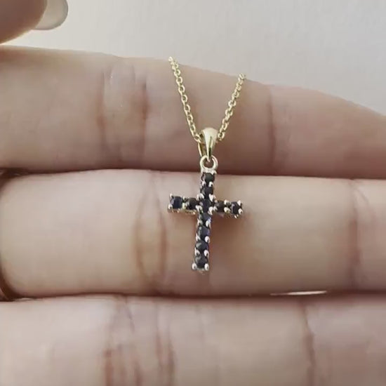 14K Solid Gold Sapphire Cross Pendant