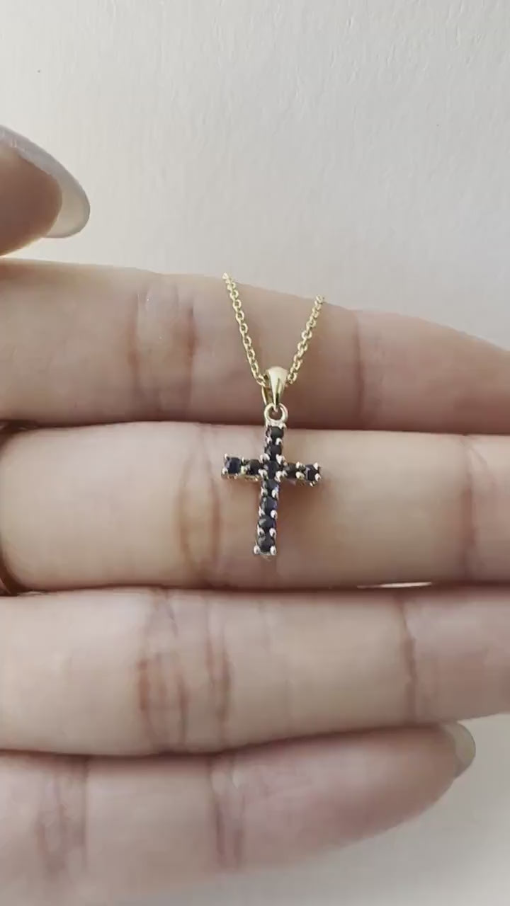 14K Solid Gold Sapphire Cross Pendant