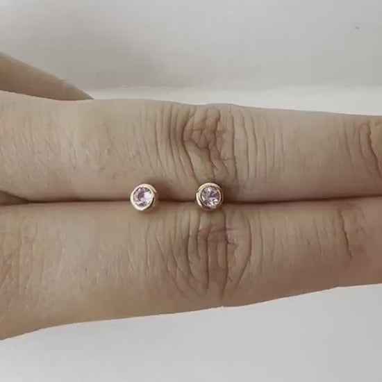 14K Solid Gold Genuine 4mm Pink Sapphire Bezel Studs and Pink Sapphire Bezel pendant