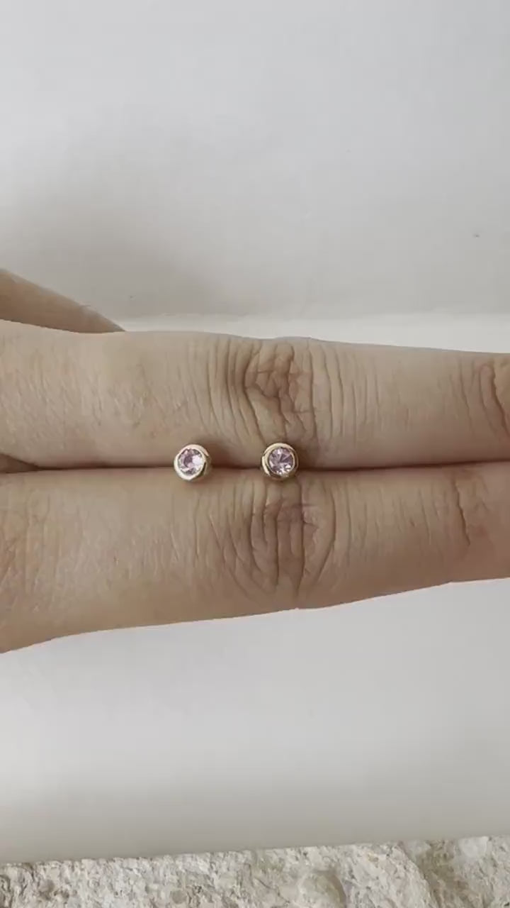 14K Solid Gold Genuine 4mm Pink Sapphire Bezel Studs and Pink Sapphire Bezel pendant