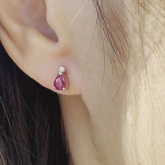 14K Solid Gold Genuine Ruby and Diamond Teardrop Studs/Pair