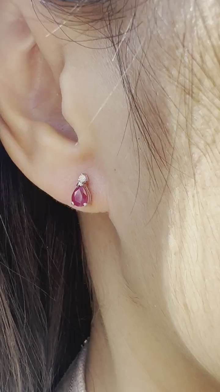 14K Solid Gold Genuine Ruby and Diamond Teardrop Studs/Pair