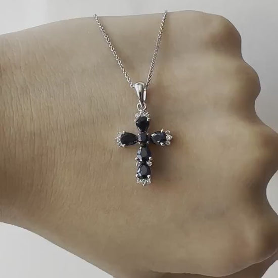Sapphire Cross Necklace, 14K Solid Gold Diamond Cross Pendant, September Birthstone, Gift for Her