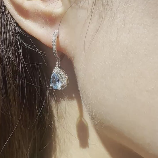 14K Solid White Gold Genuine Diamond and Blue Topaz Teardrop Dangle Earrings/Pair