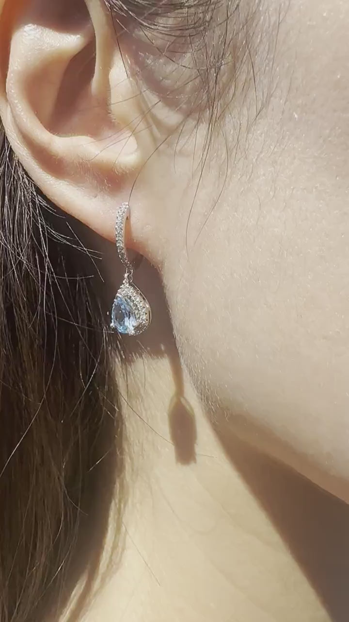 14K Solid White Gold Genuine Diamond and Blue Topaz Teardrop Dangle Earrings/Pair