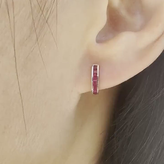 14K Solid Gold Ruby Huggie Earrings/Pair