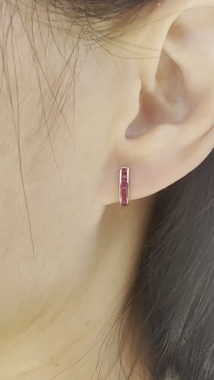 14K Solid Gold Ruby Huggie Earrings/Pair