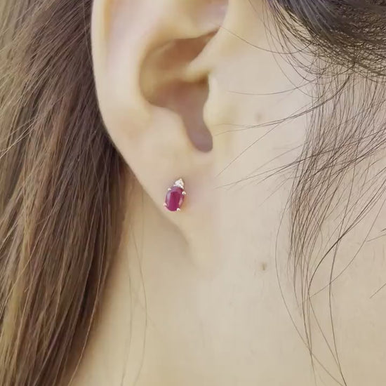 Natural Ruby Diamond Stud Earrings, 14K Gold, Genuine Oval Ruby Studs, July Birthstone Gift for Her