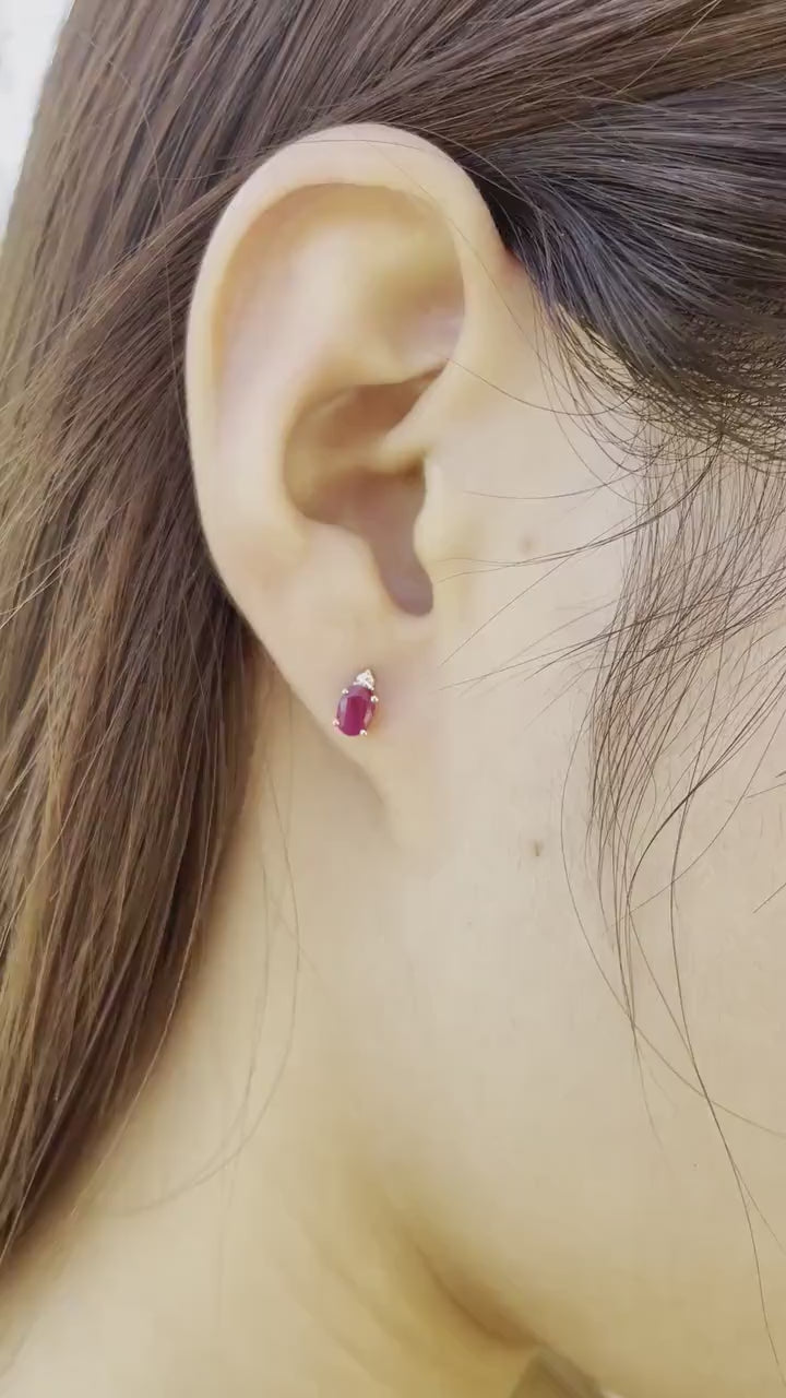 Natural Ruby Diamond Stud Earrings, 14K Gold, Genuine Oval Ruby Studs, July Birthstone Gift for Her