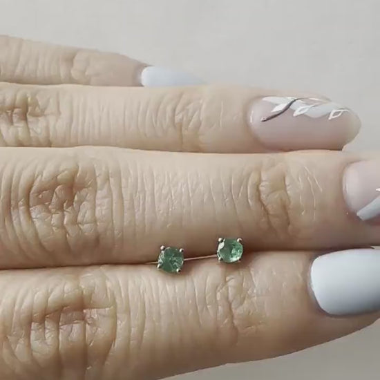 14K Solid Gold Genuine Emerald 3mm Round Studs/Pair