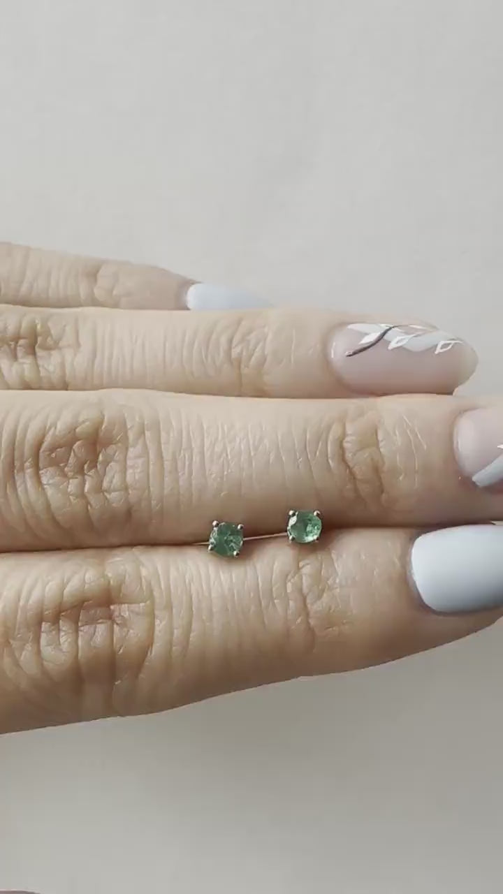 14K Solid Gold Genuine Emerald 3mm Round Studs/Pair