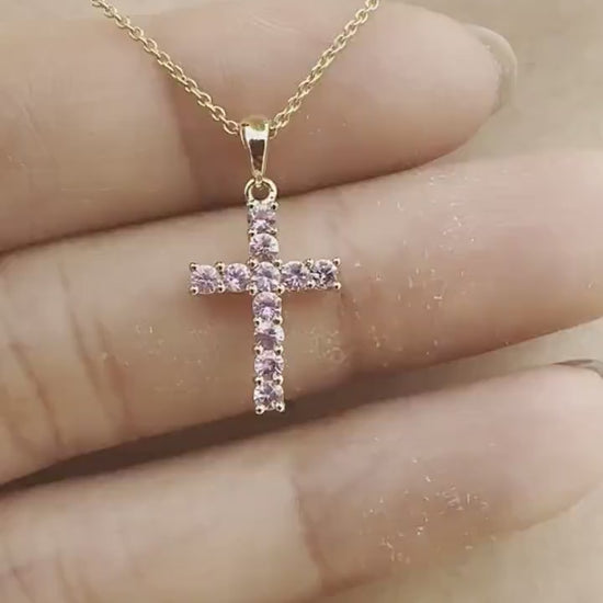 14K Solid Gold Genuine Pink Sapphire Cross Pendant