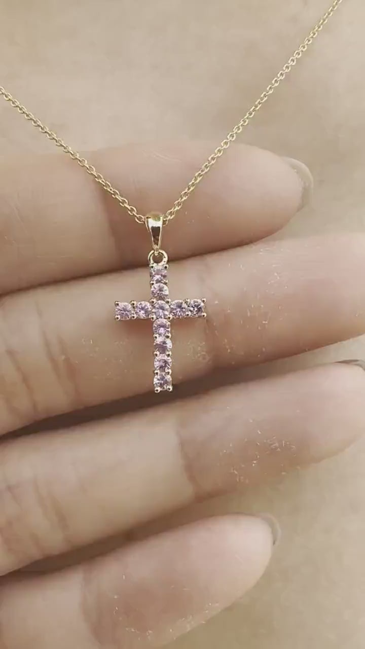 14K Solid Gold Genuine Pink Sapphire Cross Pendant