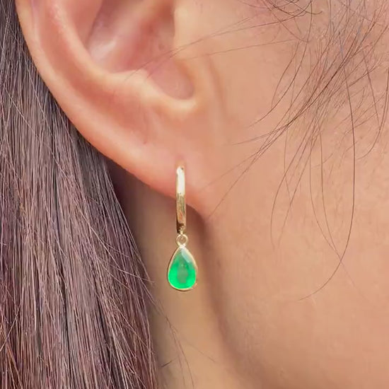 14K Solid Gold 1.28 Carat Zambian Teardrop Emerald Bezel Dangle Hoops