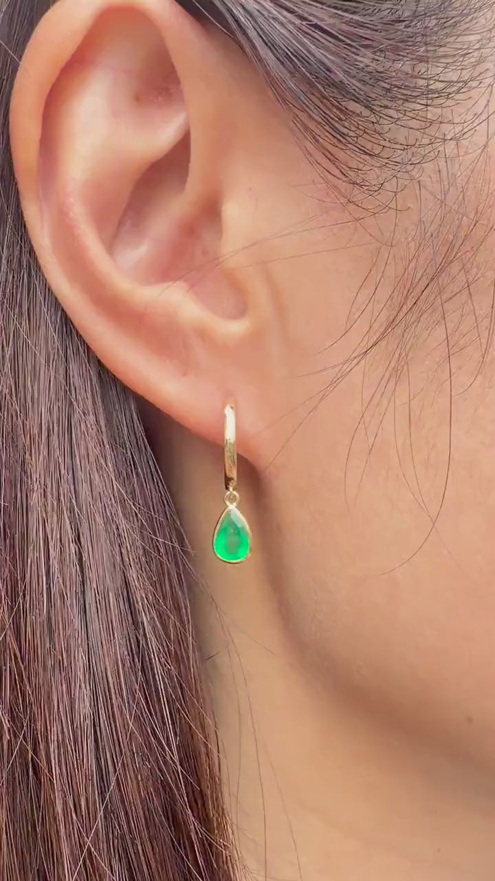 14K Solid Gold 1.28 Carat Zambian Teardrop Emerald Bezel Dangle Hoops