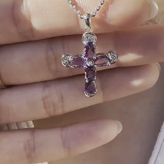 14K Solid Gold Genuine Amethyst and Diamond Cross Pendant (pendant only)