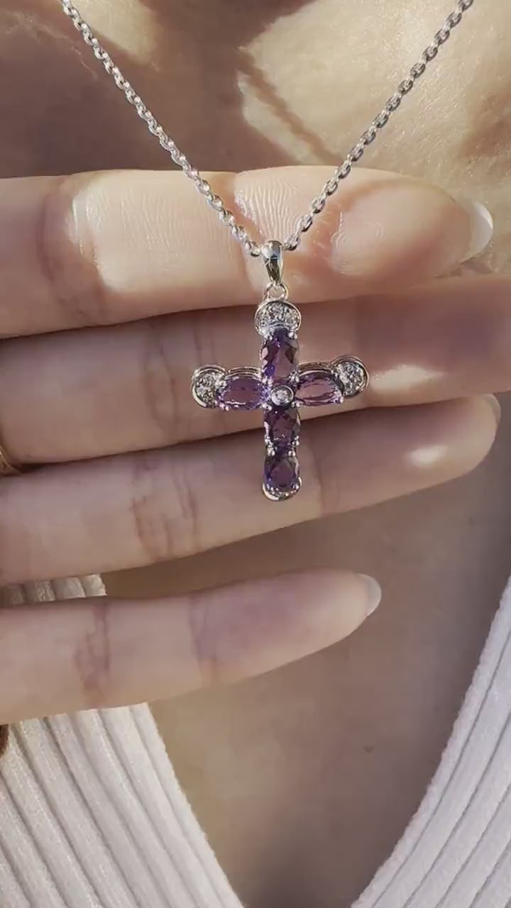 14K Solid Gold Genuine Amethyst and Diamond Cross Pendant (pendant only)