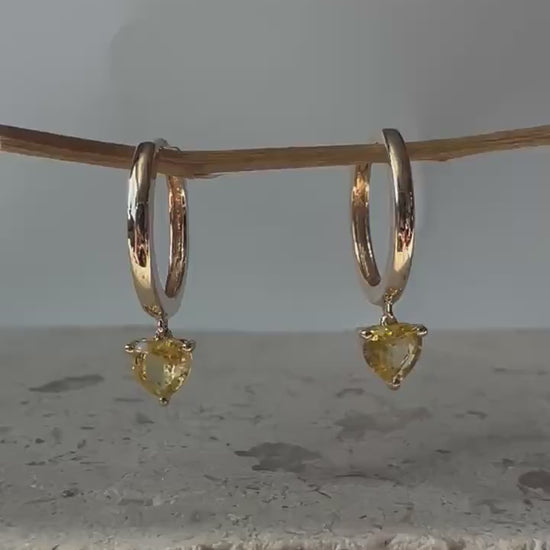 14K Solid Gold Genuine Yellow Sapphire Heart Huggies/Hoops/Pair